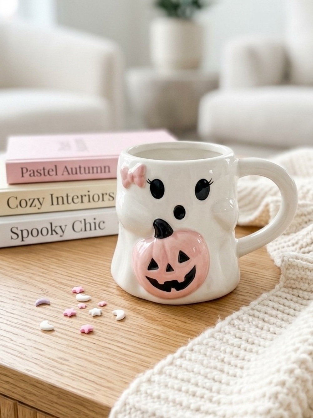 Adorable Ghost Halloween Pink Pumpkin & Bow 14.7 oz Mug
